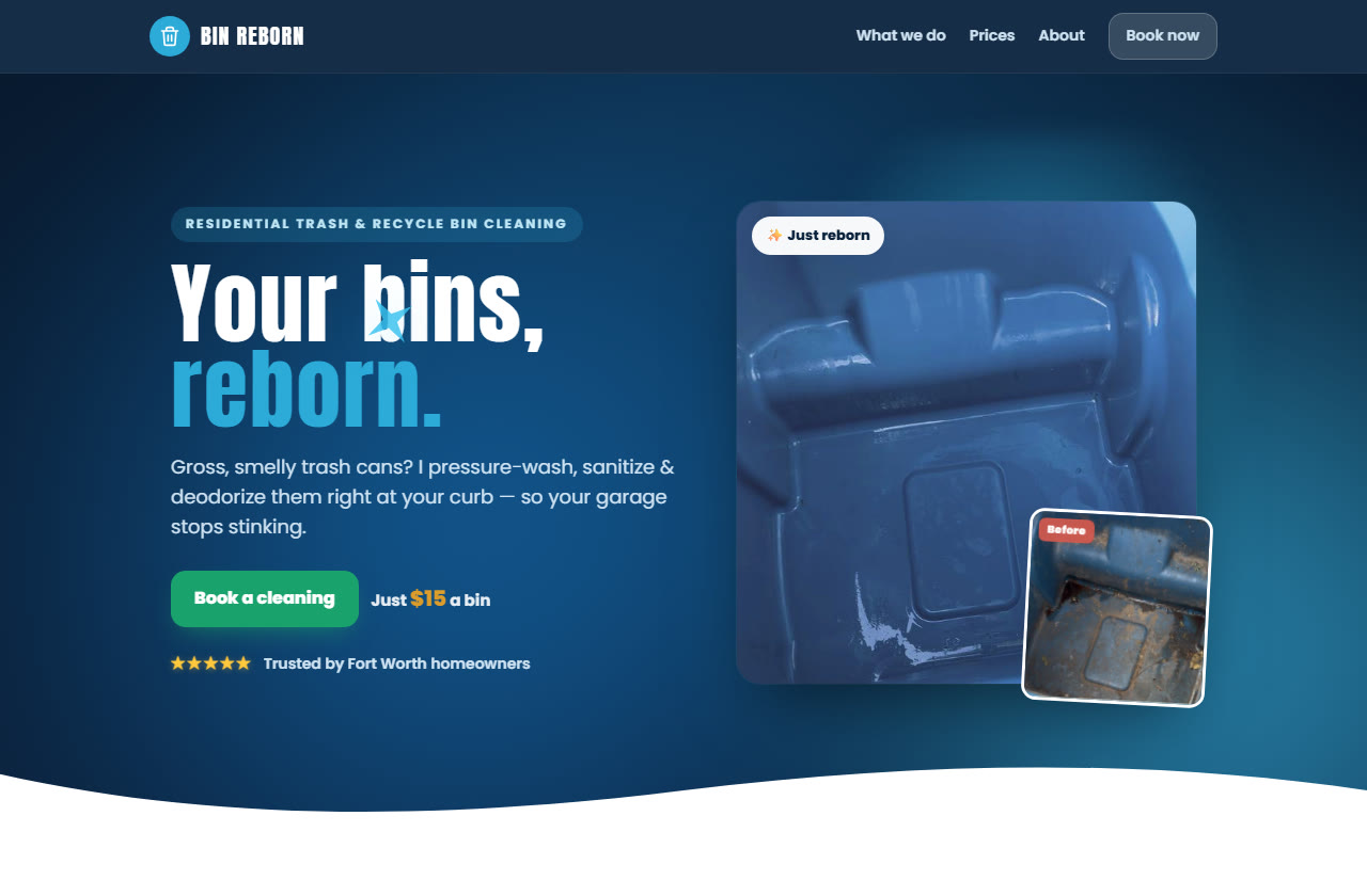 Bin Reborn — residential bin-cleaning site with booking and before/after photos