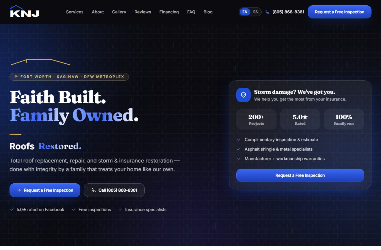 KNJ Roofing — faith built, family owned roofing and storm restoration site for Fort Worth and DFW