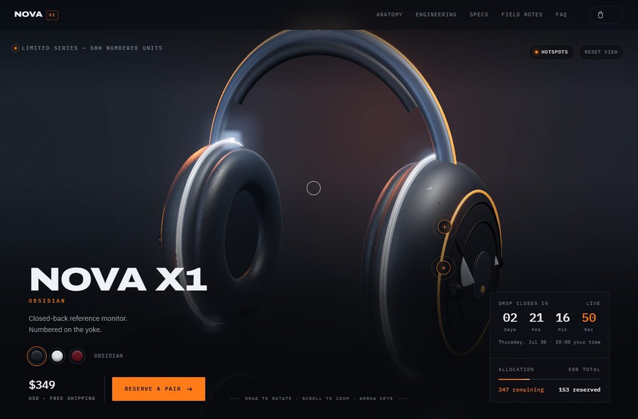 NOVA X1 — concept product launch page with a real-time 3D headphone model you can spin, take apart and engrave